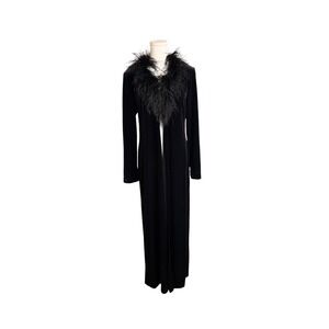 Vintage Patra Black Velvet Maxi Duster Coat L Ostrich Feather Trim 90s Y2K Glam
